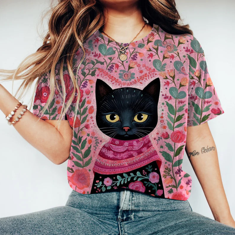 Abstract Creative Elegant Black Cat In Floral Pattern Print Cotton Graphic T-Shirt elevenforest