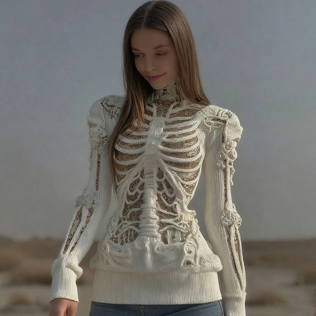 Comstylish Halloween Skull Sequin Art Knitted Turtleneck Sweater