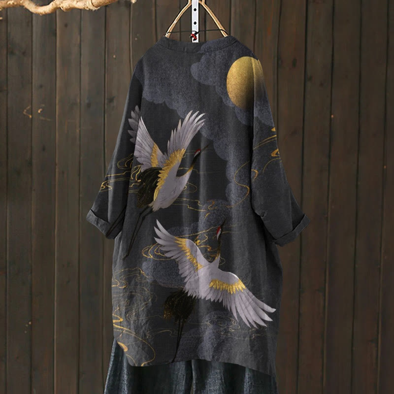 Comstylish Japanese Cranes Flight To Golden Moon Art Print Cardigan