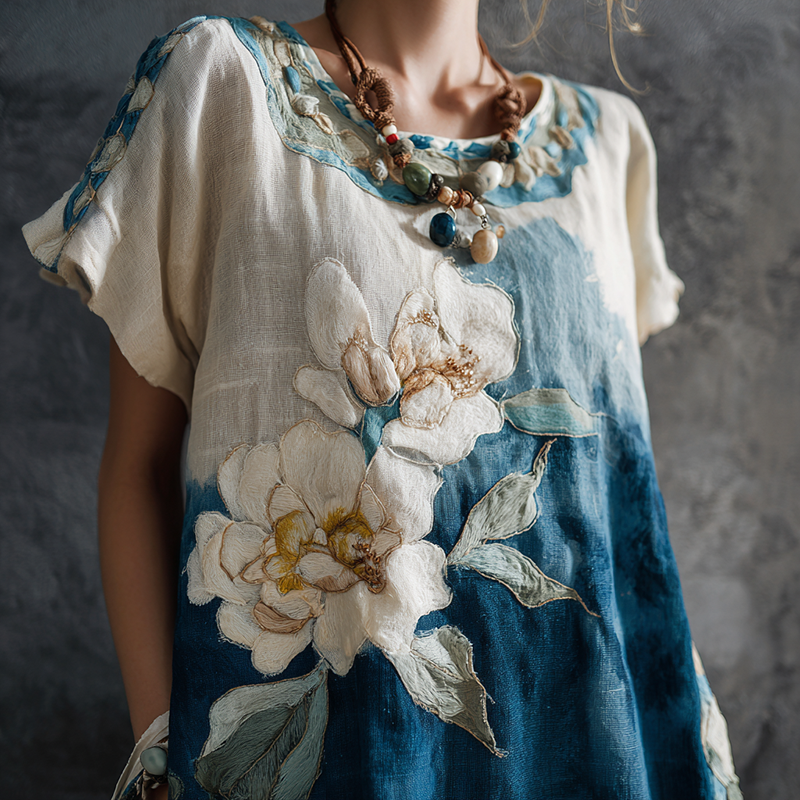 Comstylish Women's Vintage Floral Oil Painting Art Gradient Cotton And Linen T-shirt