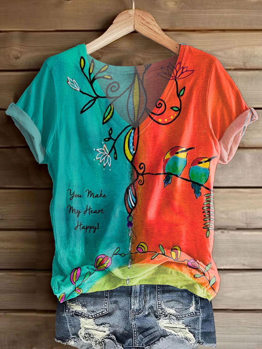 Women's Vintage Floral Bird Art Print V-neck Casual T-Shirt