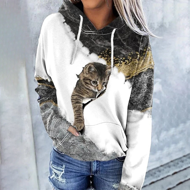 Women's Cute Plush Cat Print Sweatshirt elevenforest