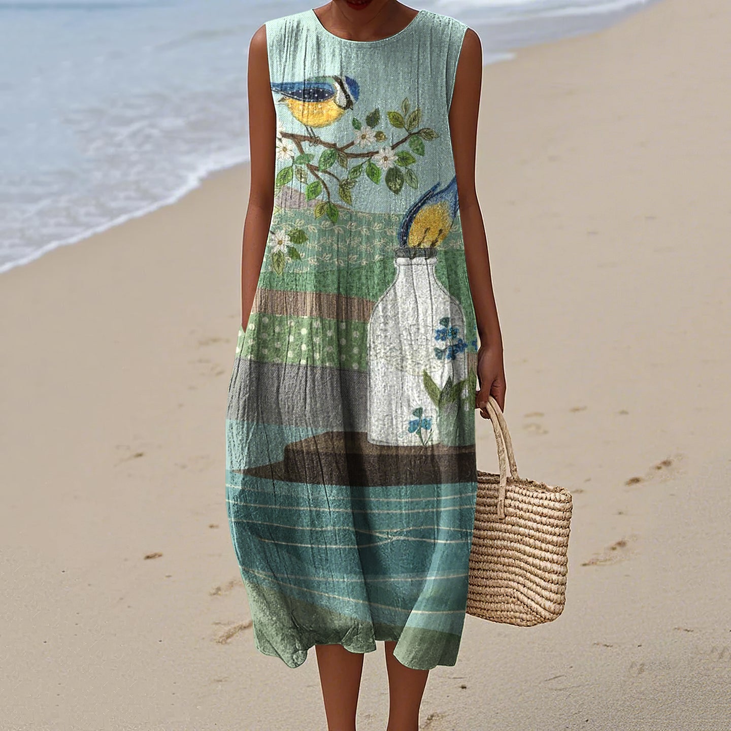 Women's Flower And Bird Art Round Neck Tank Midi Dress artswardrobe