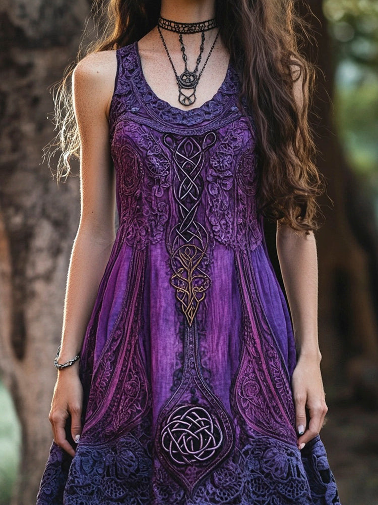 Vintage Lace Celtic Totem Printed Women's Linen Vest Dress artswardrobe