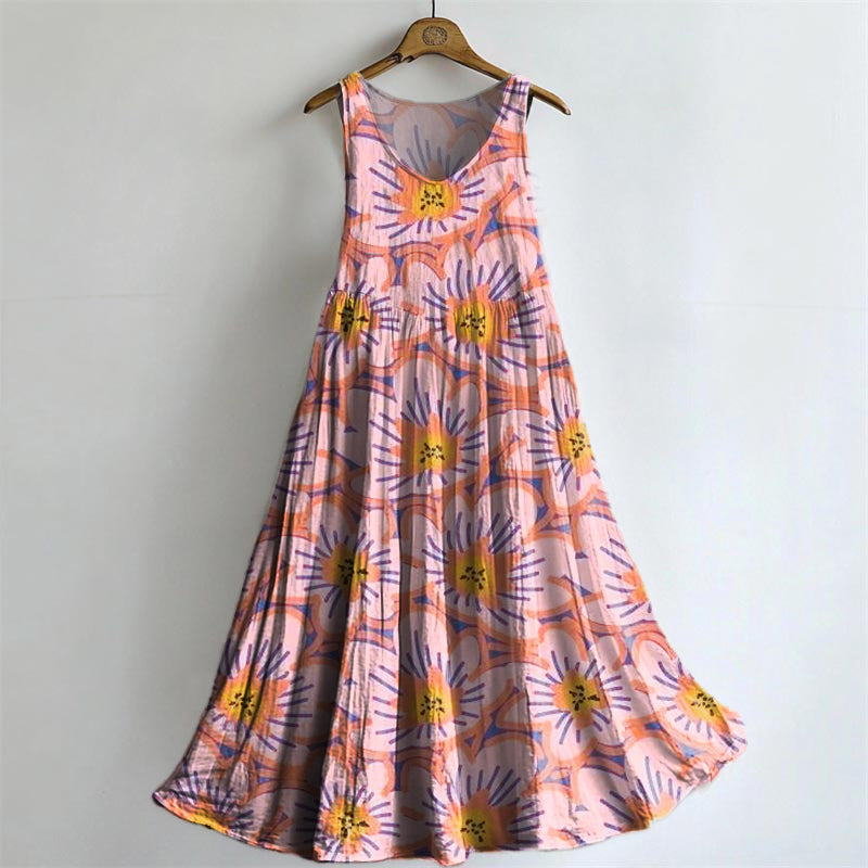 Women's Painting Floral Art Print Crew Neck Sleeveless Cotton Pocket D