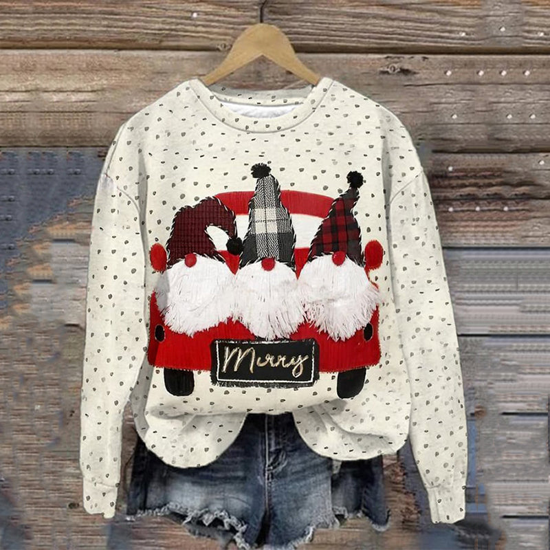 Comstylish Christmas Gnome Polka Dot Print Crew Neck Sweatshirt