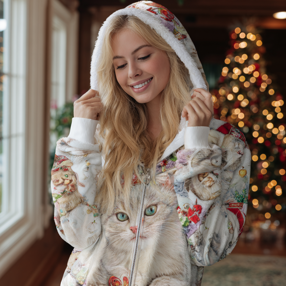 Comstylish Women's Winter Warm Cute Christmas Cat Design Flannel Sweatshirt Coat