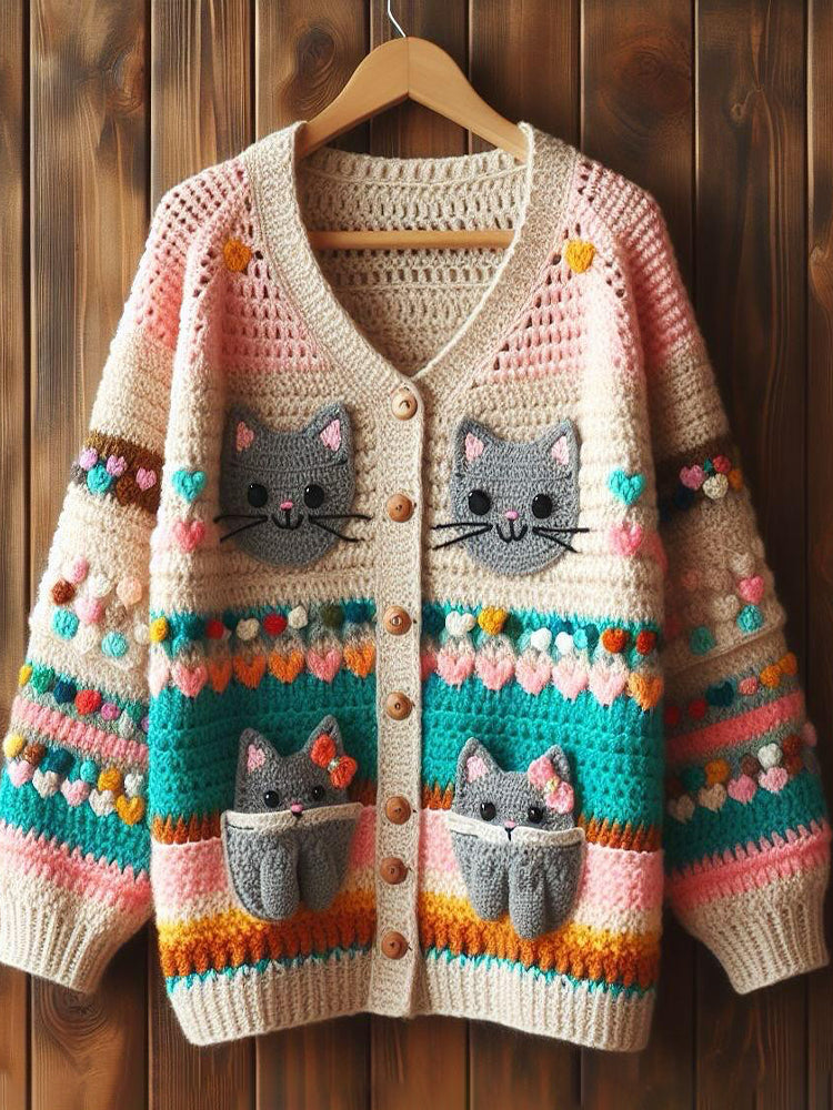 Cute Cats Pattern Multicolor Soft Crochet Cardigan elevenforest