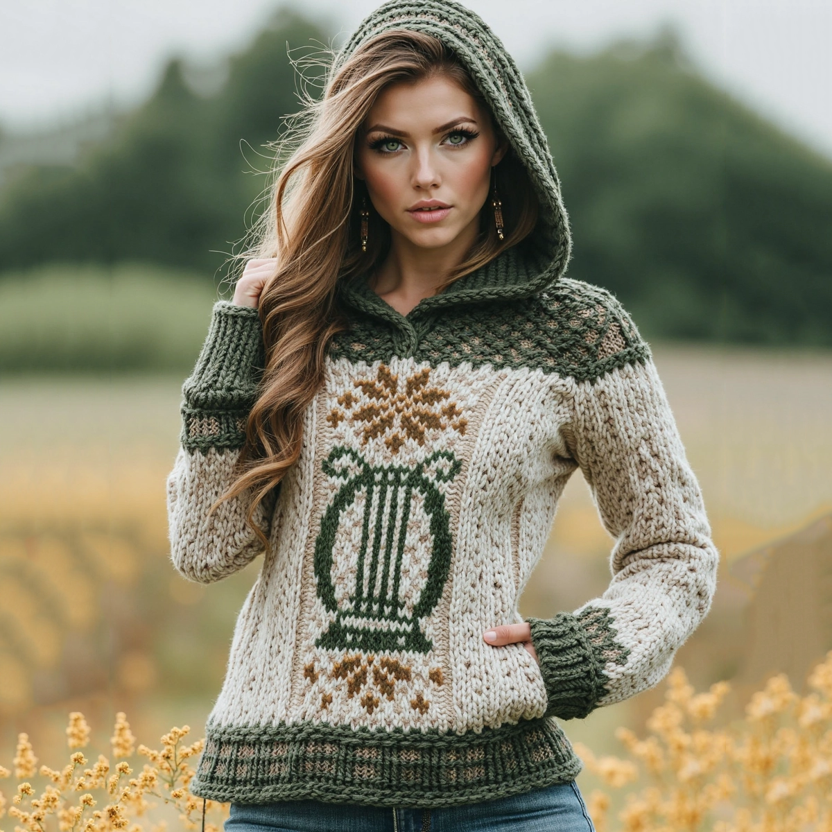 Women's Irish Celtic Knot Harp Jacquard Contrast Hooded Sweater artswardrobe