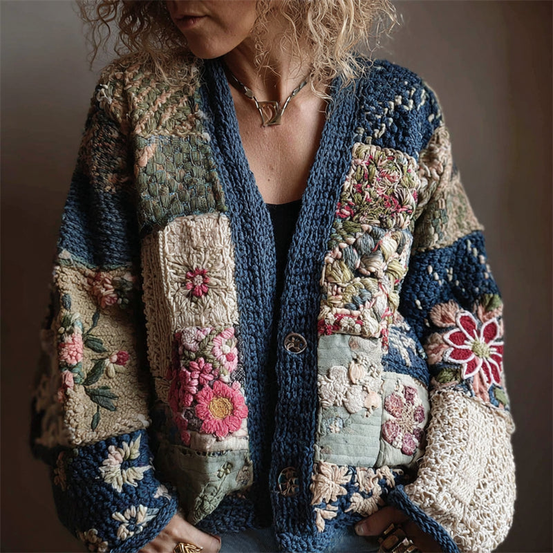 Comstylish Japanese Floral Sashiko Art Embroidered Patchwork Cozy Knit Cardigan
