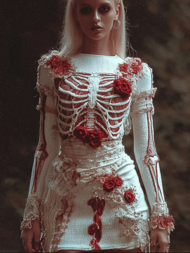 Women's Halloween Skeleton And Rose Art Knitted Round Neck Mini Skirt artswardrobe