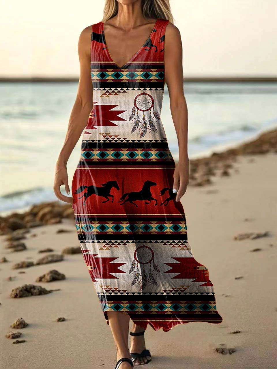 Women's Tribal Tattoo Pattern Art Print Pocket Cotton Dress