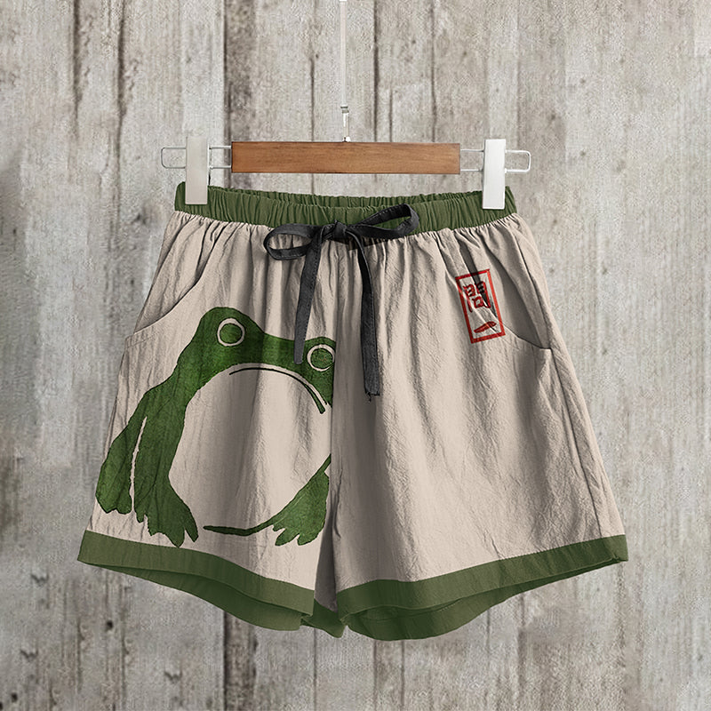 Comstylish Casual Cute Frog Japanese Lino Art Painting Print Loose Shorts