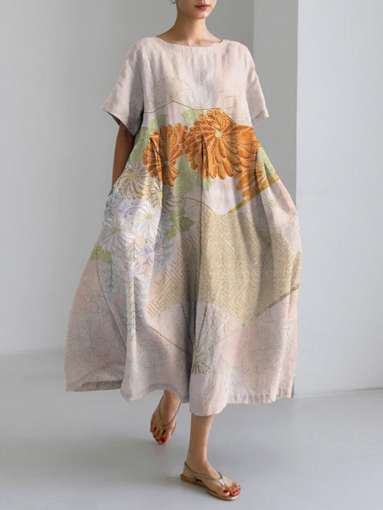 Comstylish Embroidered Japanese Kimono Pattern Linen Blend Maxi Dress