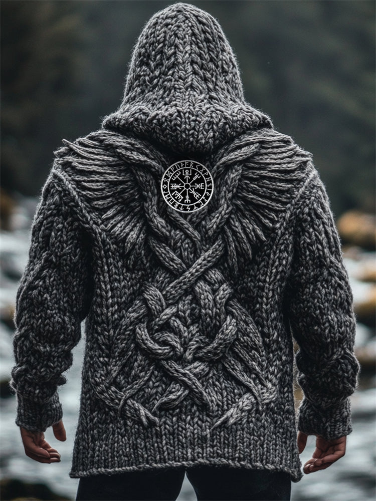Men's Viking Vegvisir Dragon Wings Celtic Chunky Hooded Cardigan artswardrobe