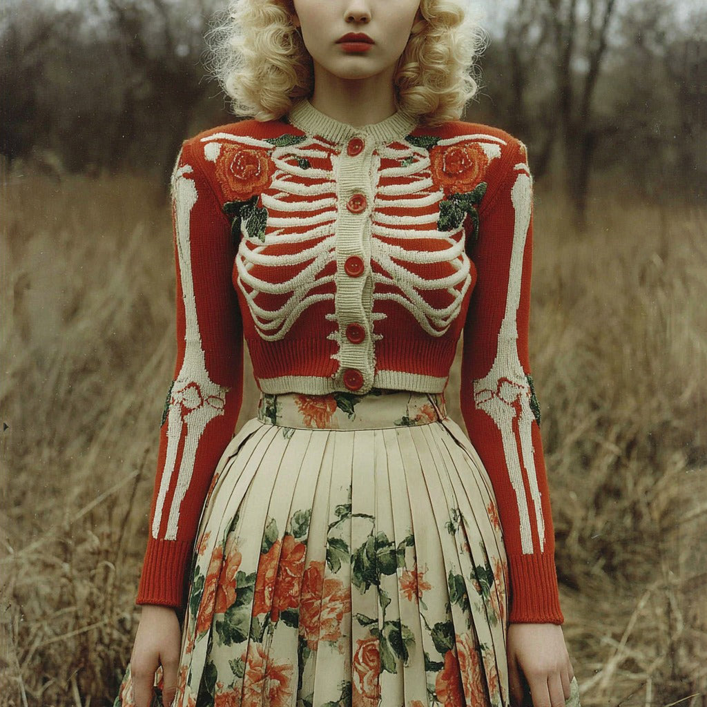 Comstylish Women's Vintage Rose Skull Ribbed Pattern Cozy Knitted Sweater Cardigan