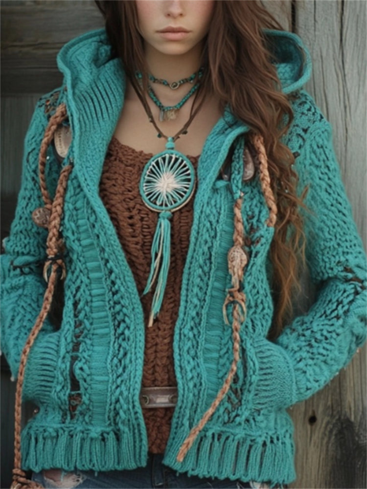 Western Vintage Fringe Turquoise Hooded Chunky Cardigan artswardrobe