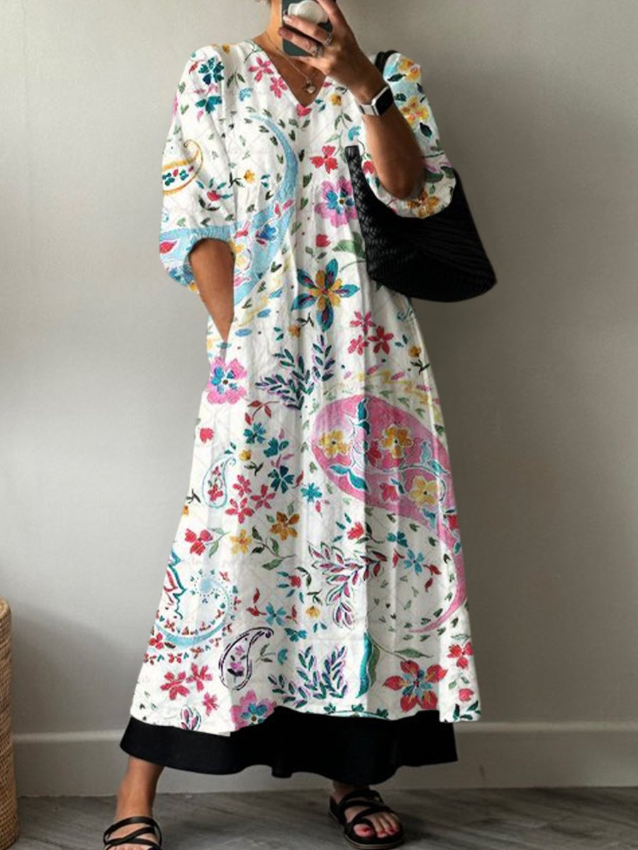 Women's Vintage Fresh Paisley Flowers Print Pocket V-neck Cotton Dress