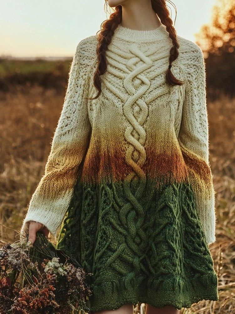 Irish Gradient Celtic Knot Cozy Knit Flare Sweater Dress artswardrobe