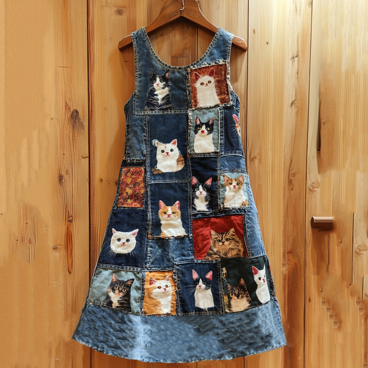 Vintage Cute Cat Patchwork Denim Print Vest Dress elevenforest