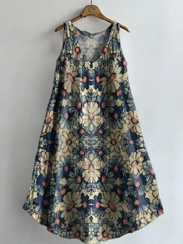 Women's Vintage Flower Art Print V-neck Pocket Cotton Dress