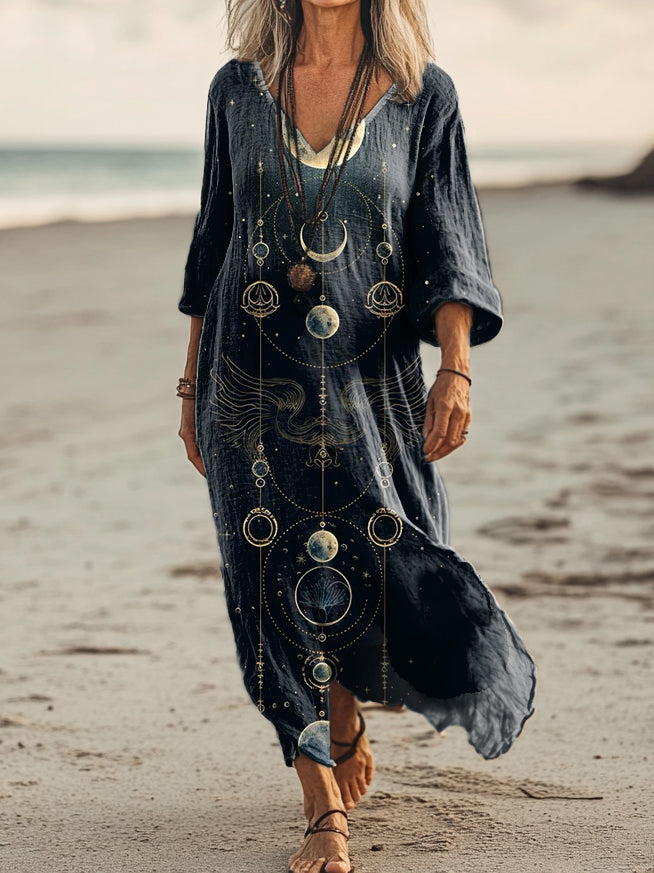 Women's Moon Art Print Pocket Cotton Dress