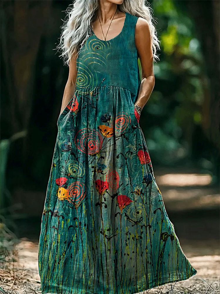 Women's Floral Art Print Round Neck Sleeveless Cotton Pocket Dresses