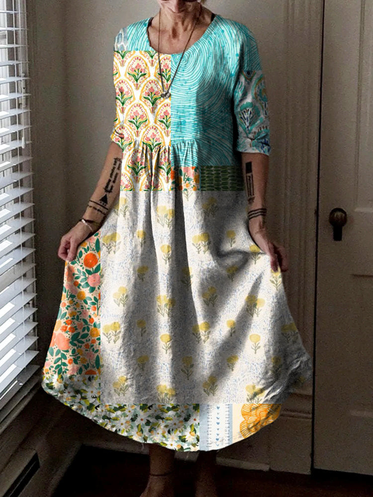 Women's Vintage Floral Patchwork Art Print Pocket Cotton Dress