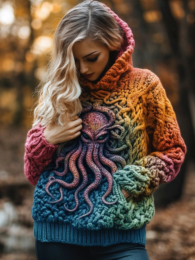 Cthulhu Ocean Octopus Women's Hooded Gradient Sweater artswardrobe
