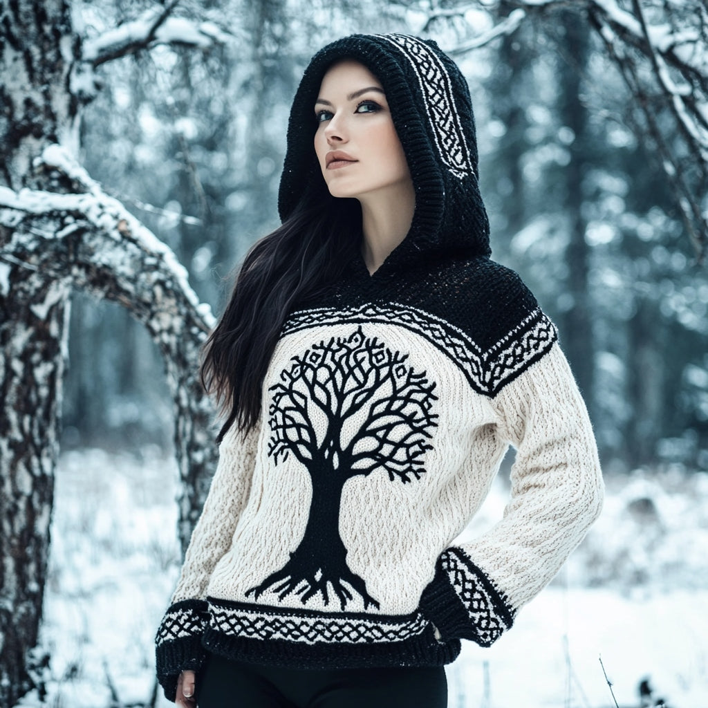 Women's Viking Tree Of Life Contrast Jacquard Cozy Knit Hooded Sweater artswardrobe