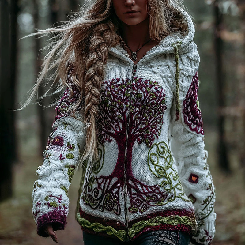 Comstylish Women's Vintage Viking Celtic Knot Tree Of Life Art Knit Zip-up Hooded Sweater