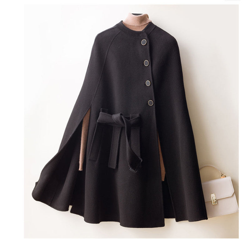 New Lace-Up Loose Mid-Length Double-faced Wool Cape Coat