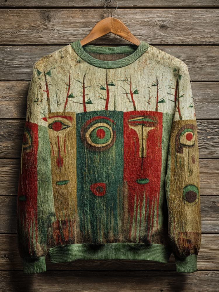 Men's Japanese Art Retro Style Christmas Fun Reindeer Design Round Neck Knit Sweater artswardrobe
