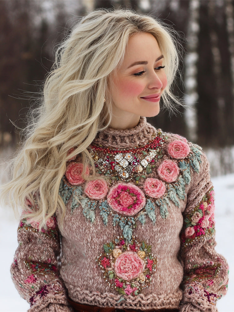 Comstylish Boho Rose Knit Embroidered Art Women's High-neck Icelandic Sweater