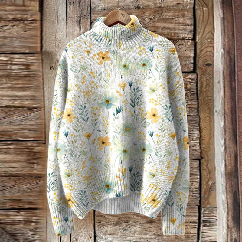 Vintage Meadows Floral Knit Turtleneck Pullover Sweater artswardrobe