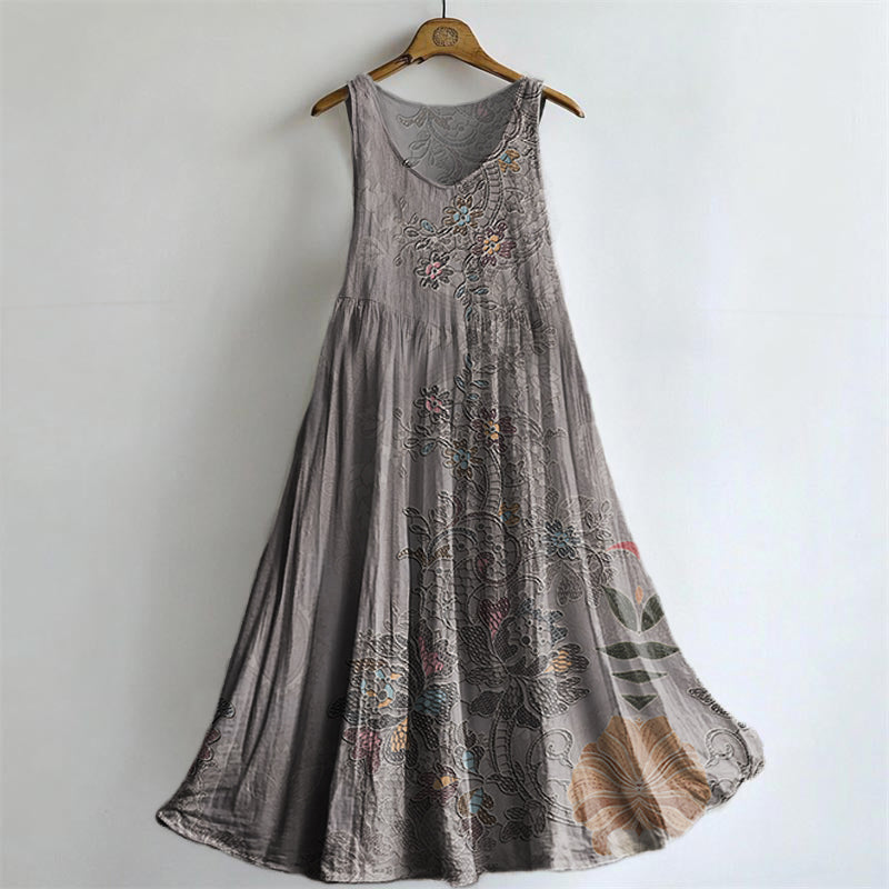 Women's Floral Art Print V-Neck Pocket Cotton Dress