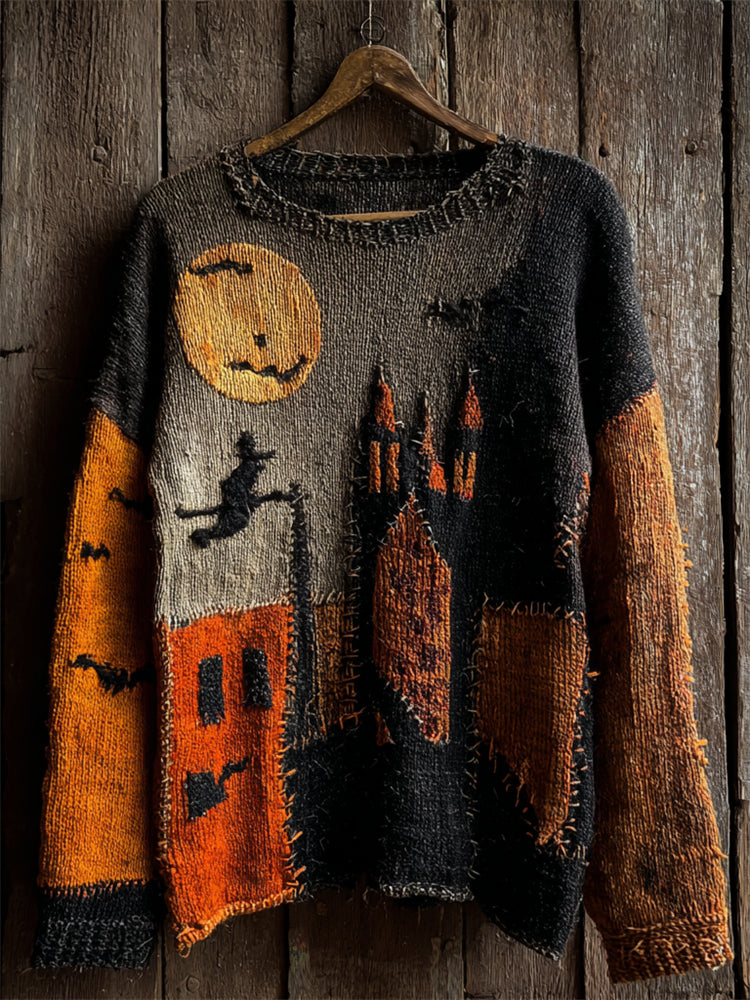 Halloween Night Witch Contrast Cozy Knit Sweater artswardrobe