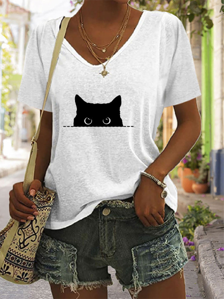 Comstylish Women's Casual Black Cat Print T-shirt