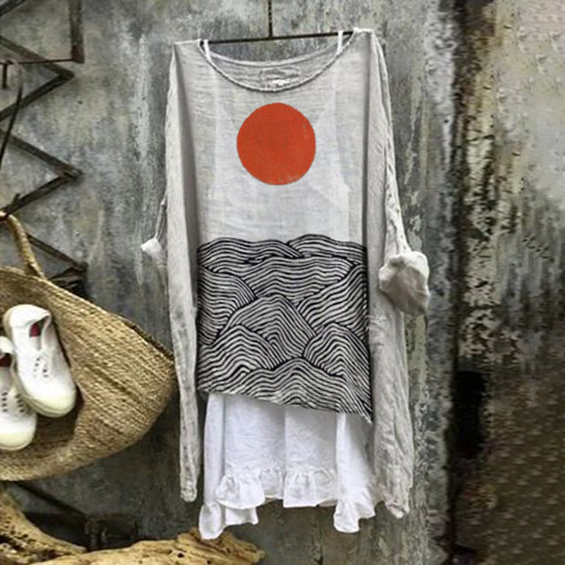 Vintage Japanese Art Sunrise And Sea Cotton Linen Round Neck Casual Shirt