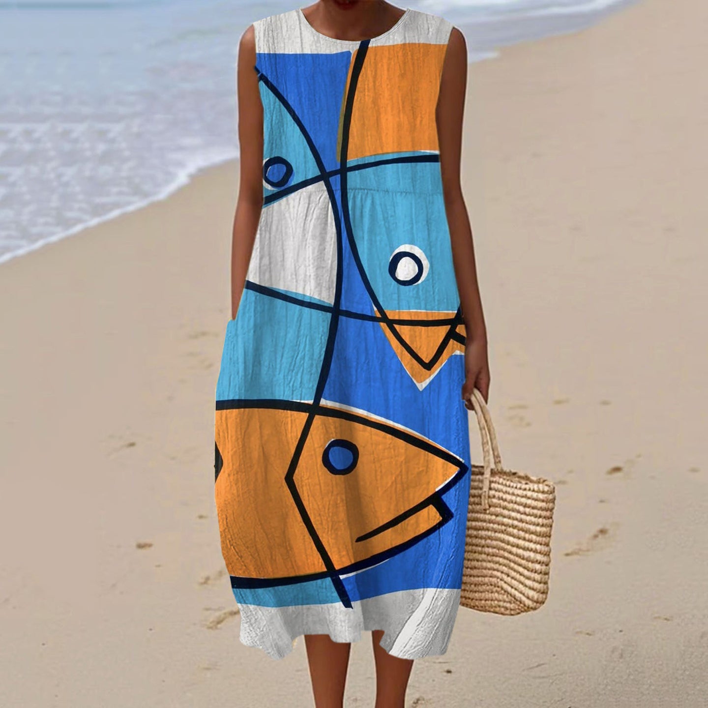 Comstylish Women's Vintage Fish Art Color Block Print Sleeveless Dress