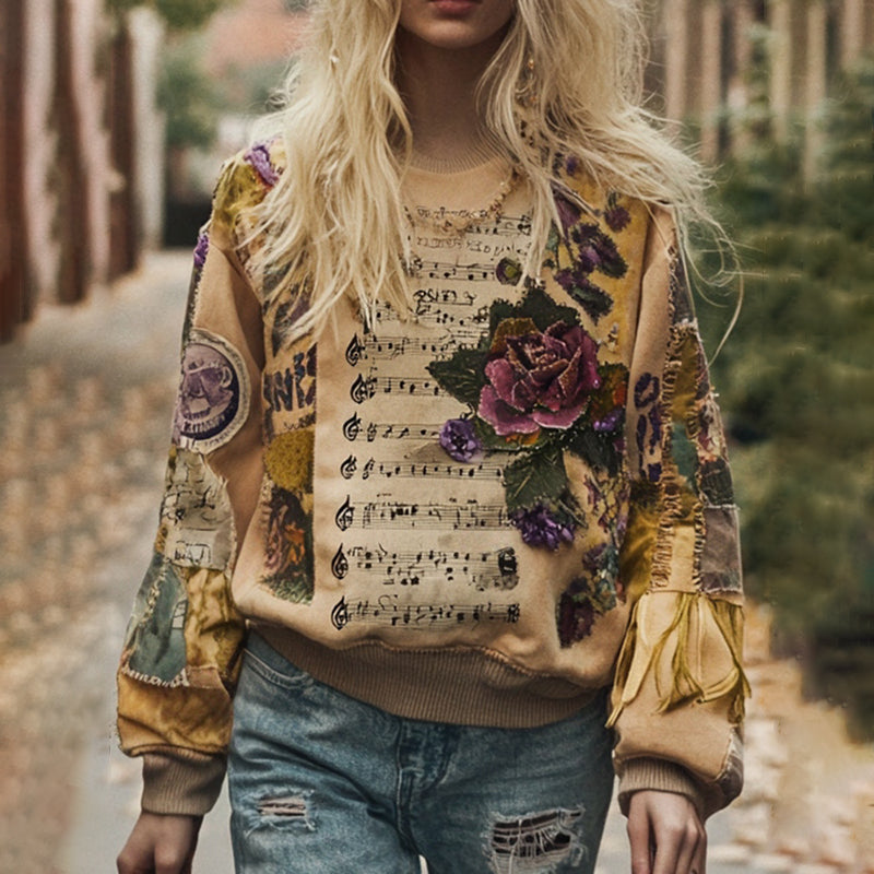 Comstylish Farm Autumn Patchwork Floral Musical Notes Color-block Sweatshirt