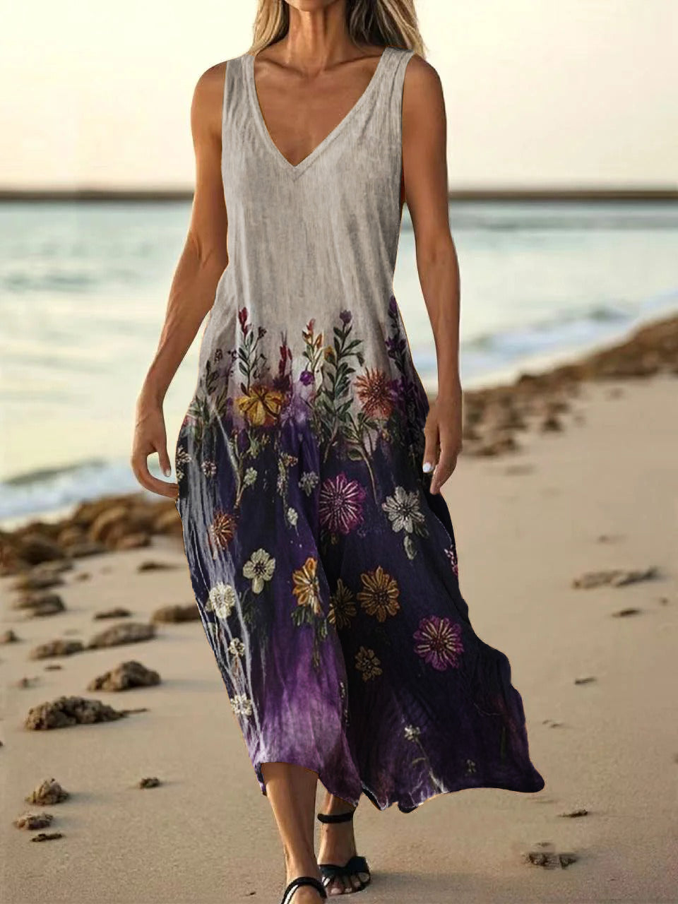 Women's Vintage Ethnic Floral Art Print Pocket Cotton Dress