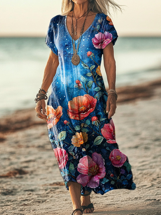 Women's Floral Art Print Pocket Cotton Dresses