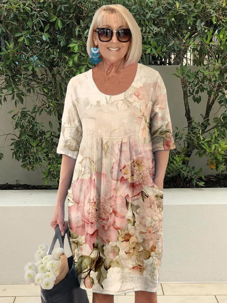 Vintage Chic Floral Print Pocket Midi Dress