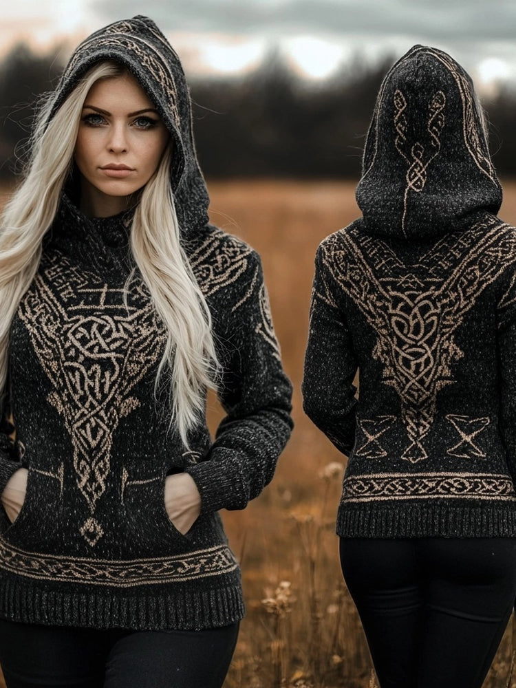 Vintage Viking Vegvisir Celtic Jacquard Hooded Sweater artswardrobe