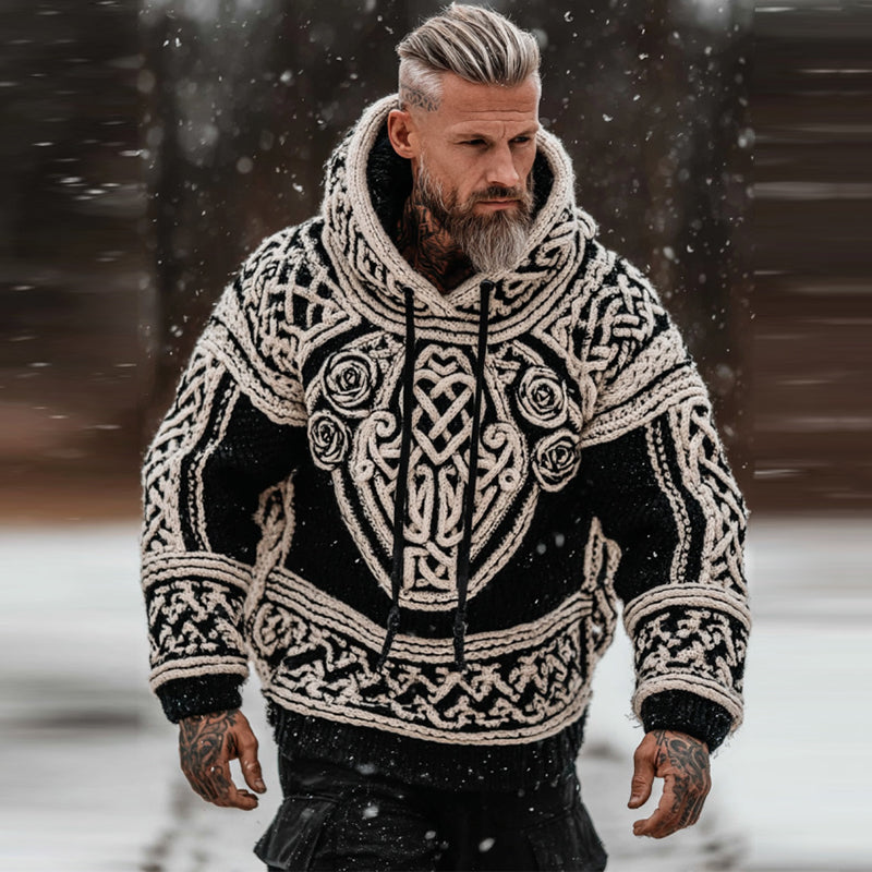 Men's Viking Tribal Jacquard Celtic With Rose Inspired Chunky Knit Hooded Sweater artswardrobe