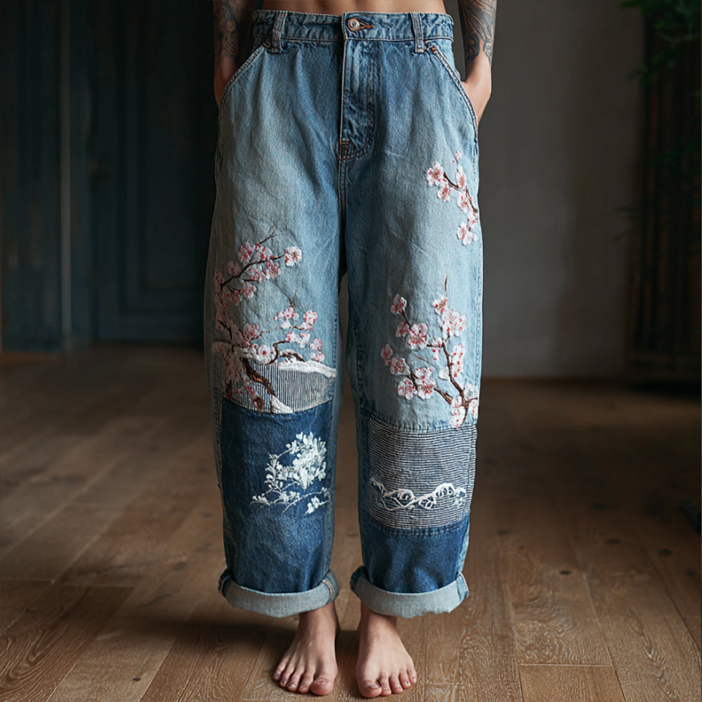 Comstylish Women's Vintage Cherry Blossom And Sea Wave Embroidery Jeans