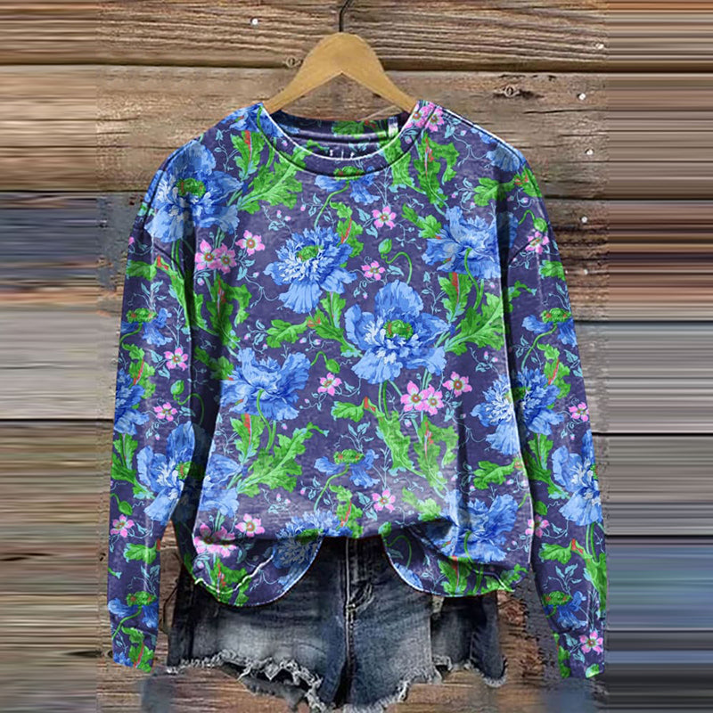 Comstylish Vintage Flower Print Round Neck Sweatshirt