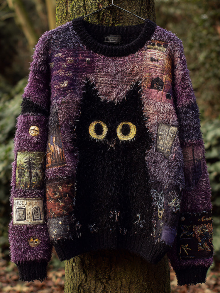 Women's Casual Vintage Halloween Black Cat Embroidered Sweater artswardrobe