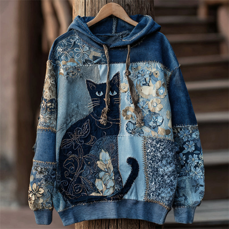 Comstylish Lovely Cat Boho Floral Lace Patchwork Washed Hoodie